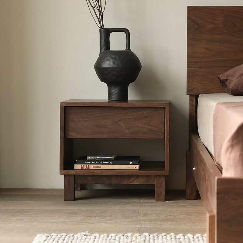 Japanese Solid Wood 2-Tier Nightstand — Walnut Color