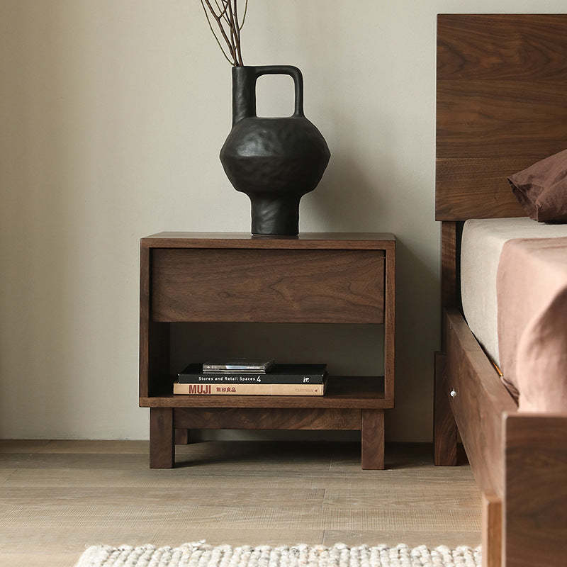 Japanese Solid Wood 2-Tier Nightstand — Walnut Color