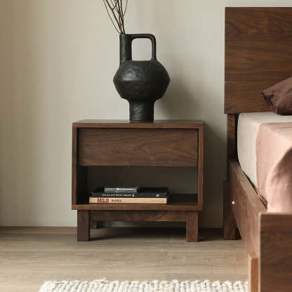 Japanese Solid Wood 2-Tier Nightstand — Walnut Color