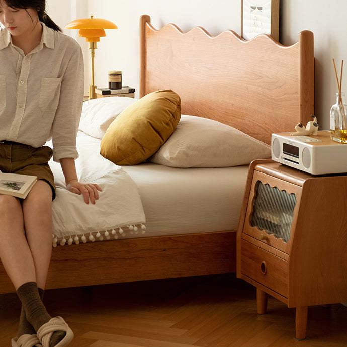 Minimalist Cherry Wood Wave 2-Drawer Nightstand