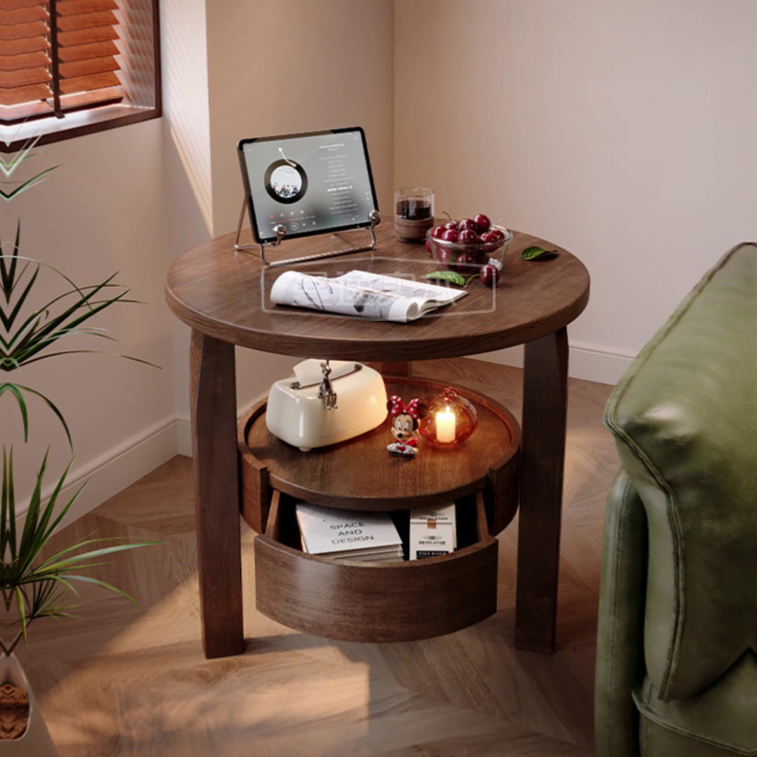 Japanese Wood Round 2-Tier End Table
