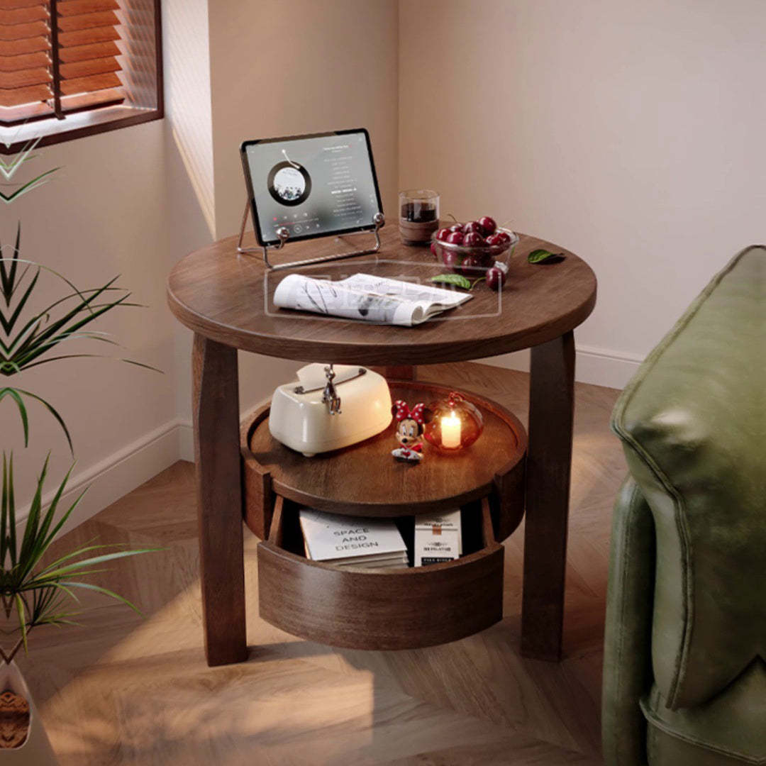 Japanese Wood Round 2-Tier End Table