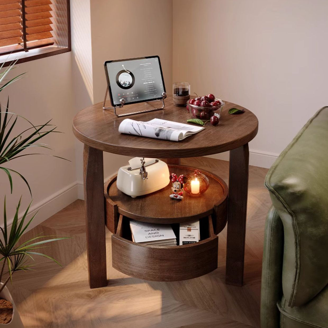 Japanese Wood Round 2-Tier End Table