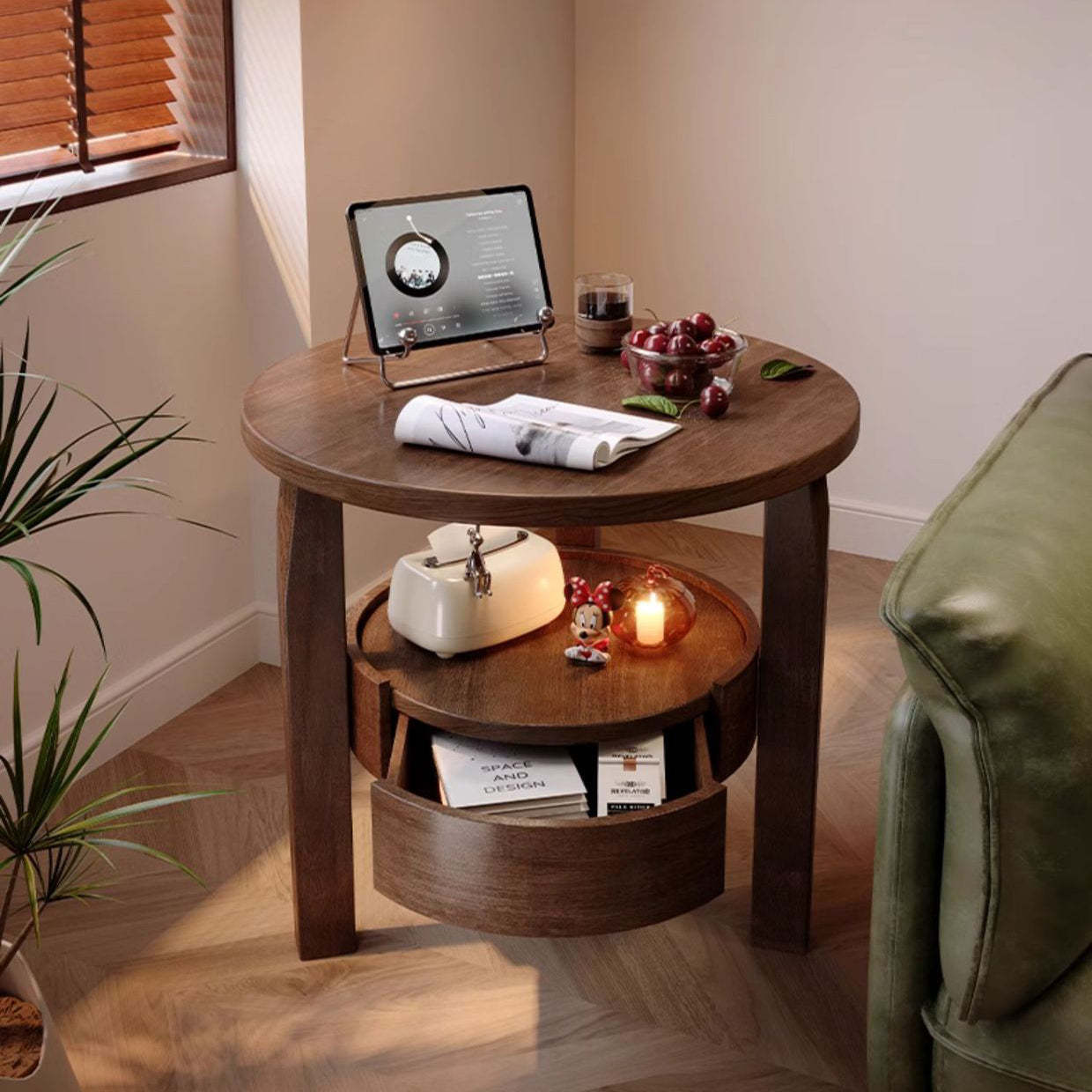 Japanese Wood Round 2-Tier End Table