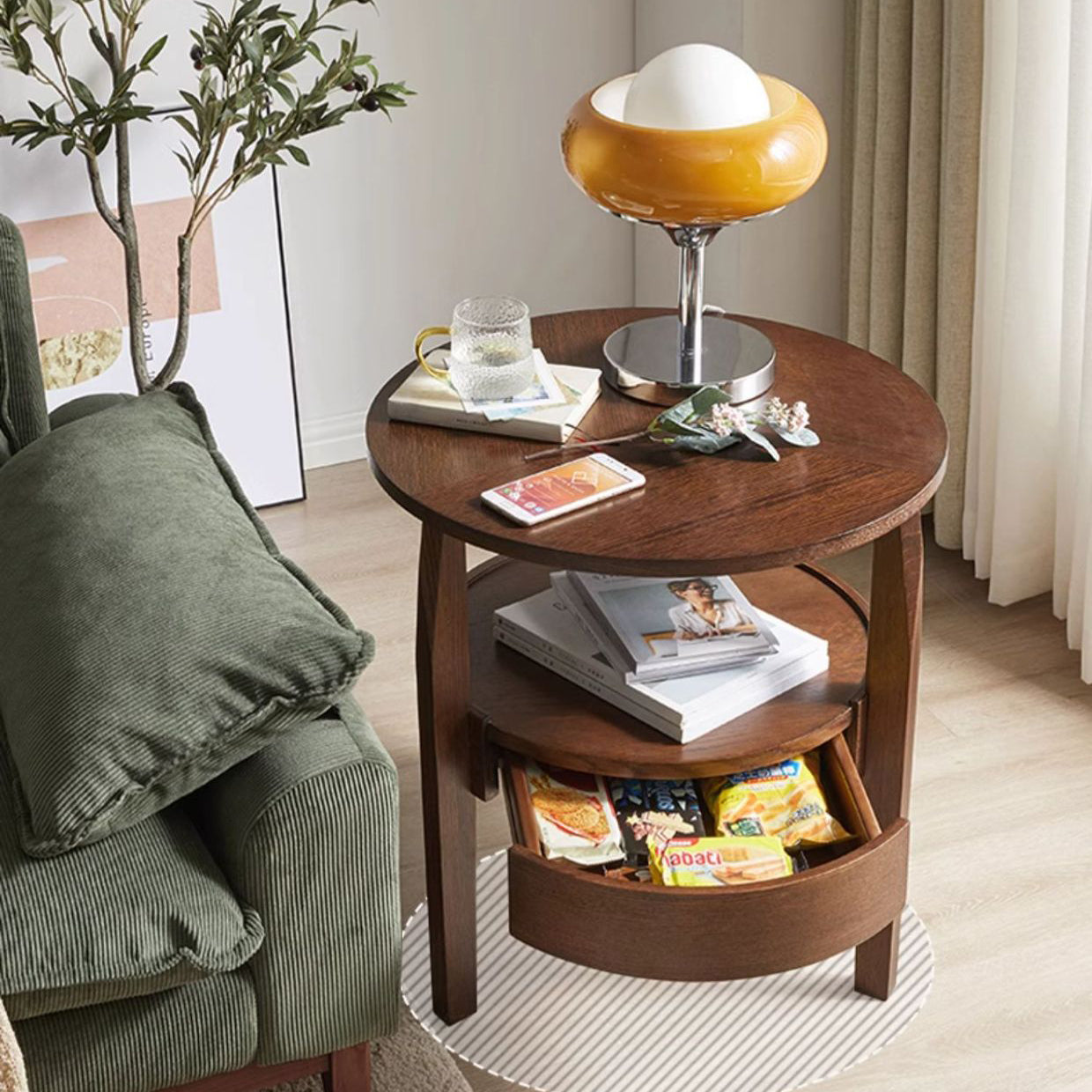 Japanese Wood Round 2-Tier End Table