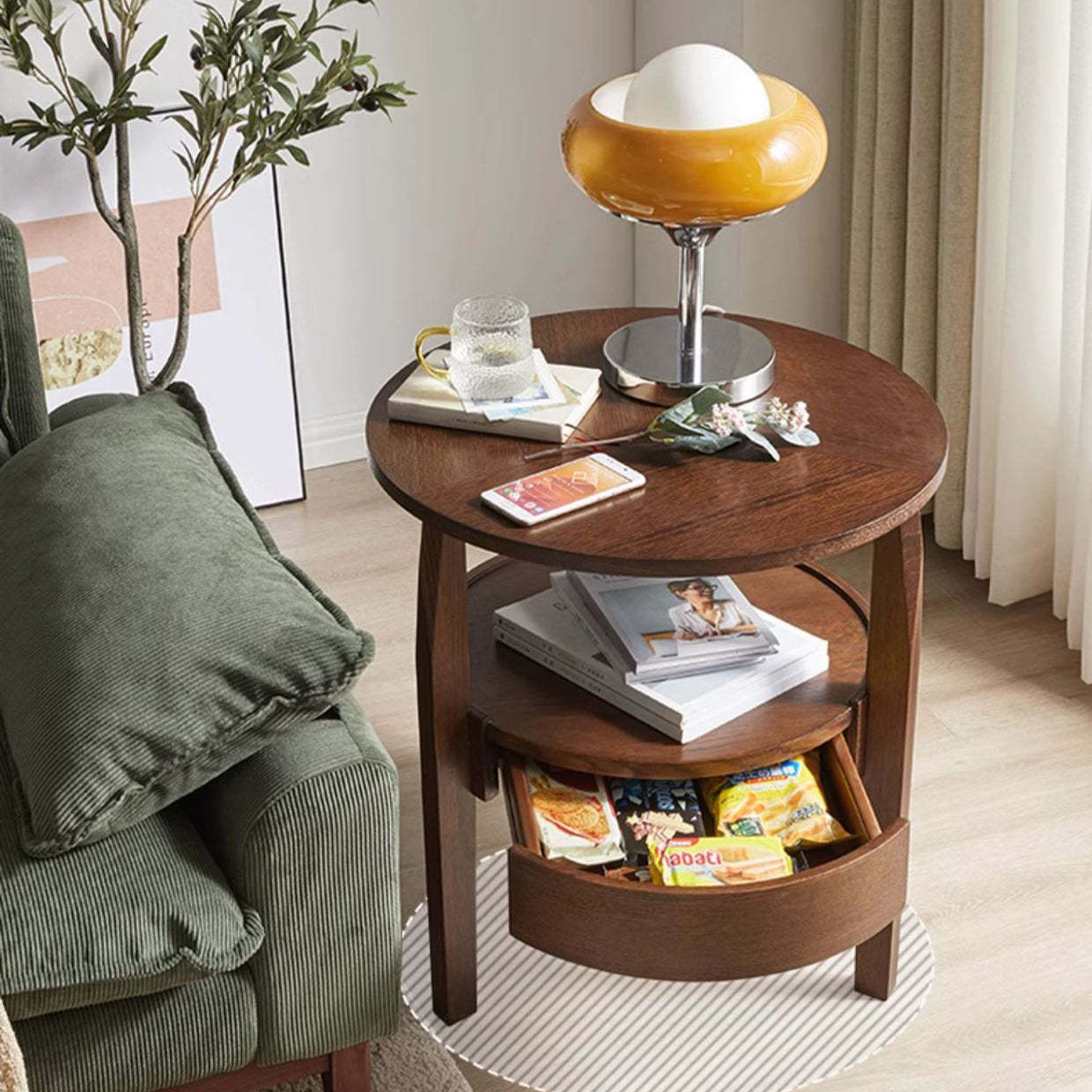 Japanese Wood Round 2-Tier End Table