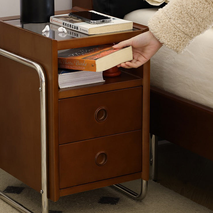 Chinese Wood Glass Metal 2-Drawer Nightstand