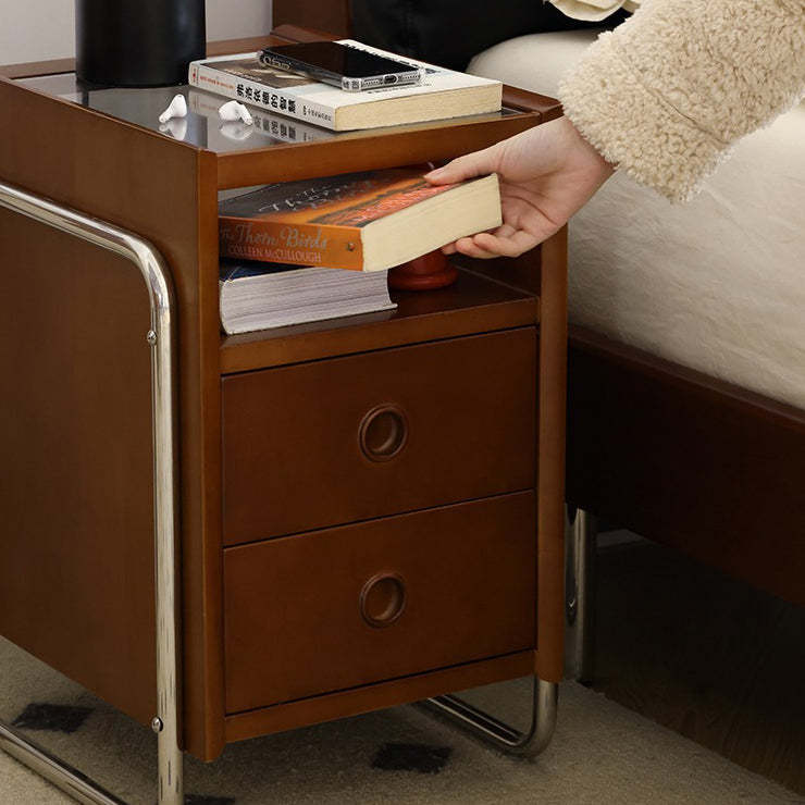 Chinese Wood Glass Metal 2-Drawer Nightstand