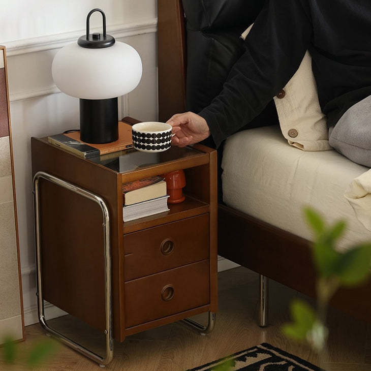 Chinese Wood Glass Metal 2-Drawer Nightstand