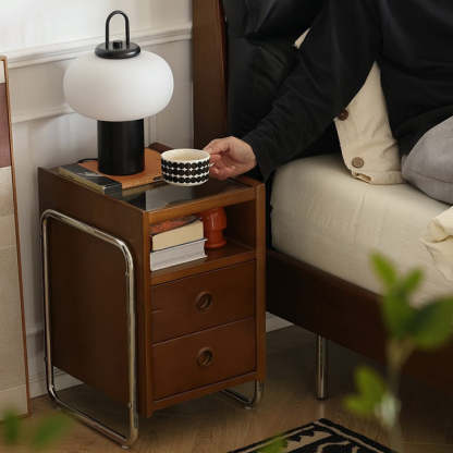 Chinese Wood Glass Metal 2-Drawer Nightstand