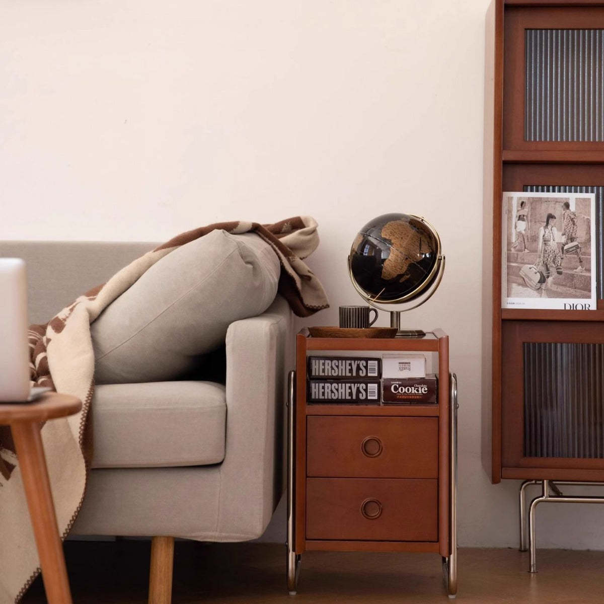 Chinese Wood Glass Metal 2-Drawer Nightstand