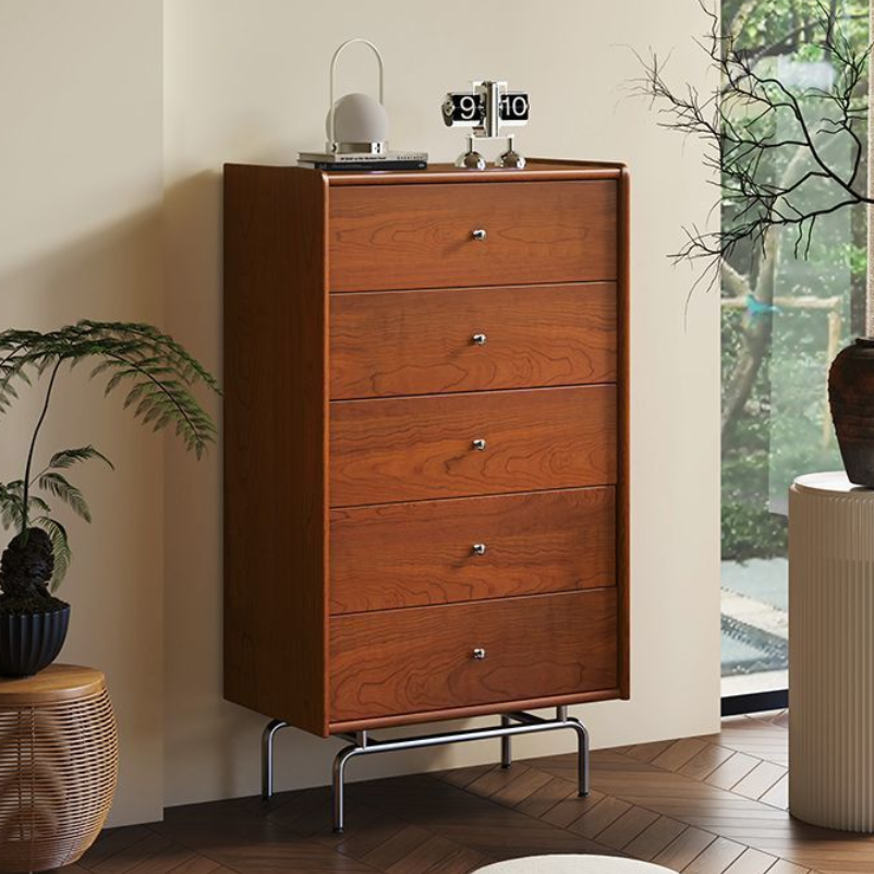 Scandinavian Wood Metal Curved 5-Drawer Side Table — Black Walnut Color