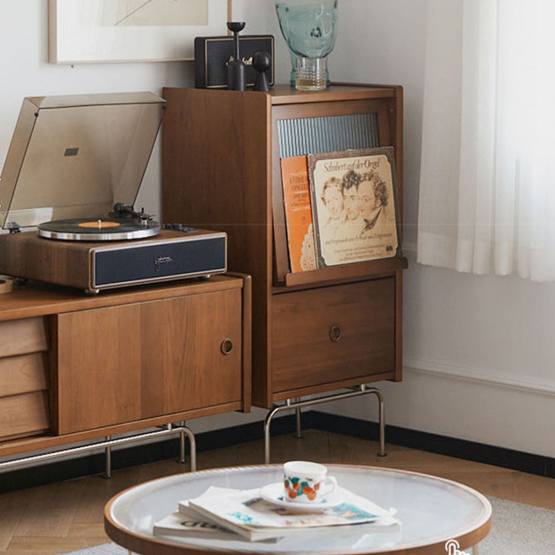 Vintage Pine Glass Stainless Steel 3-Tier Side Table