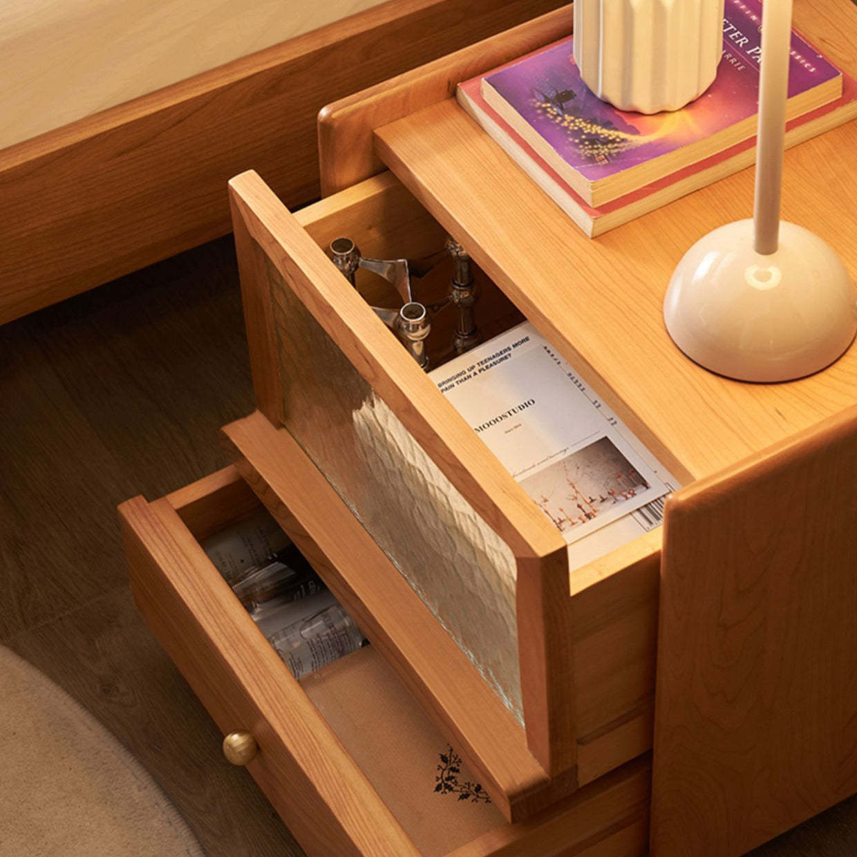 Scandinavian Wood Glass Rounded 2-Drawer Nightstand