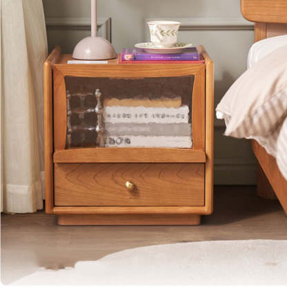 Scandinavian Wood Glass Rounded 2-Drawer Nightstand — Original Wood Color
