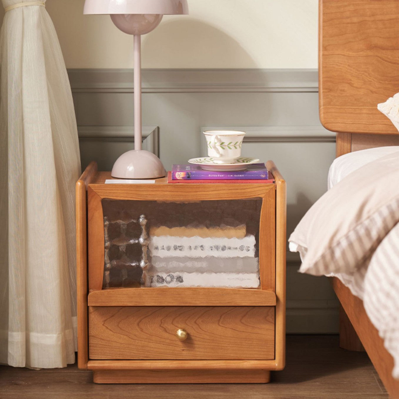 Scandinavian Wood Glass Rounded 2-Drawer Nightstand