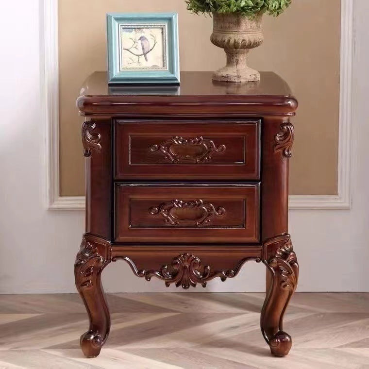 Chinese Textured Wood 2-Drawer Nightstand — Dark Walnut Color
