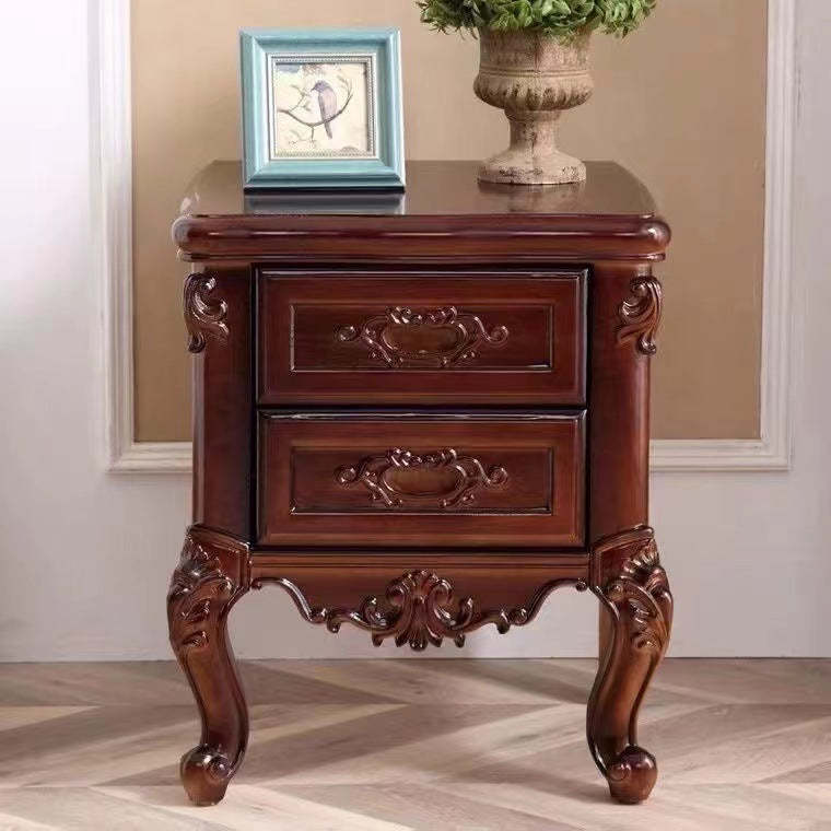 Chinese Textured Wood 2-Drawer Nightstand — Dark Walnut Color