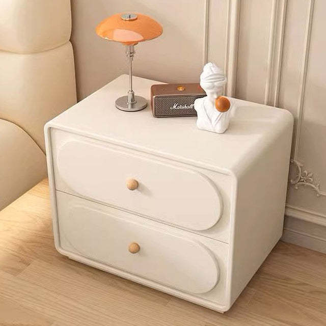 Minimalist Wood Metal Oval 2-Drawer Nightstand — Light Gray + Beige