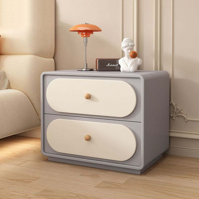Minimalist Wood Metal Oval 2-Drawer Nightstand — Khaki + Beige