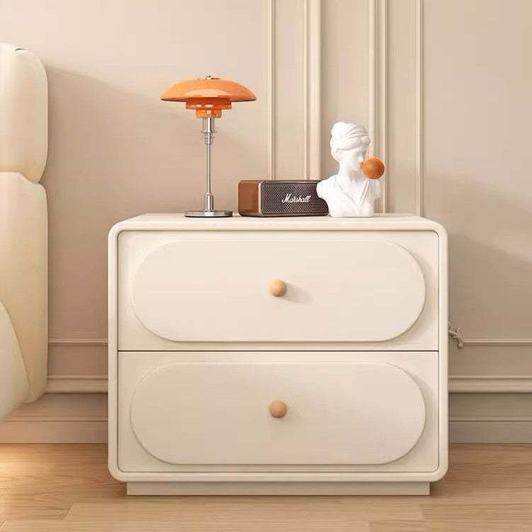 Minimalist Wood Metal Oval 2-Drawer Nightstand — Light Gray + Beige