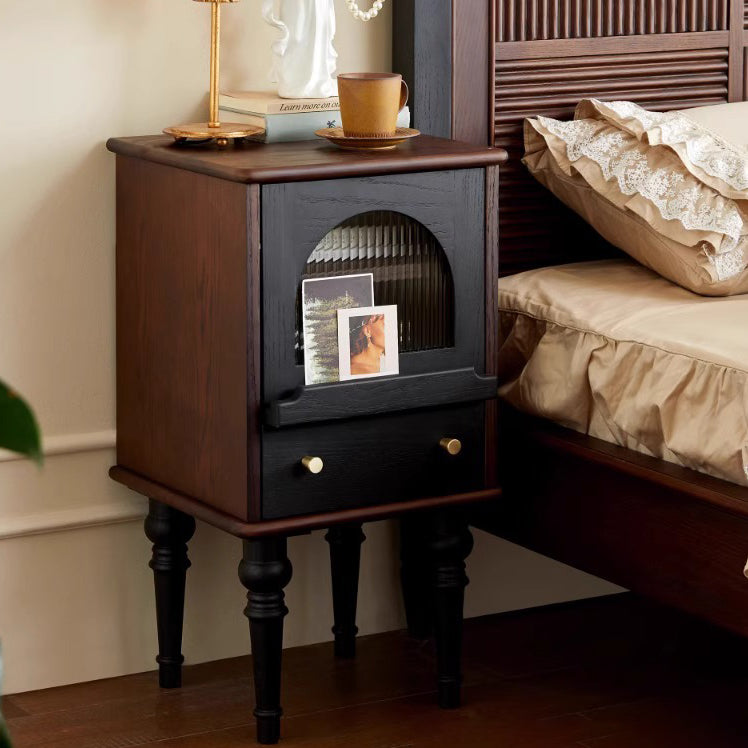 Vintage Ash Wood Glass Textured 1-Drawer Nightstand