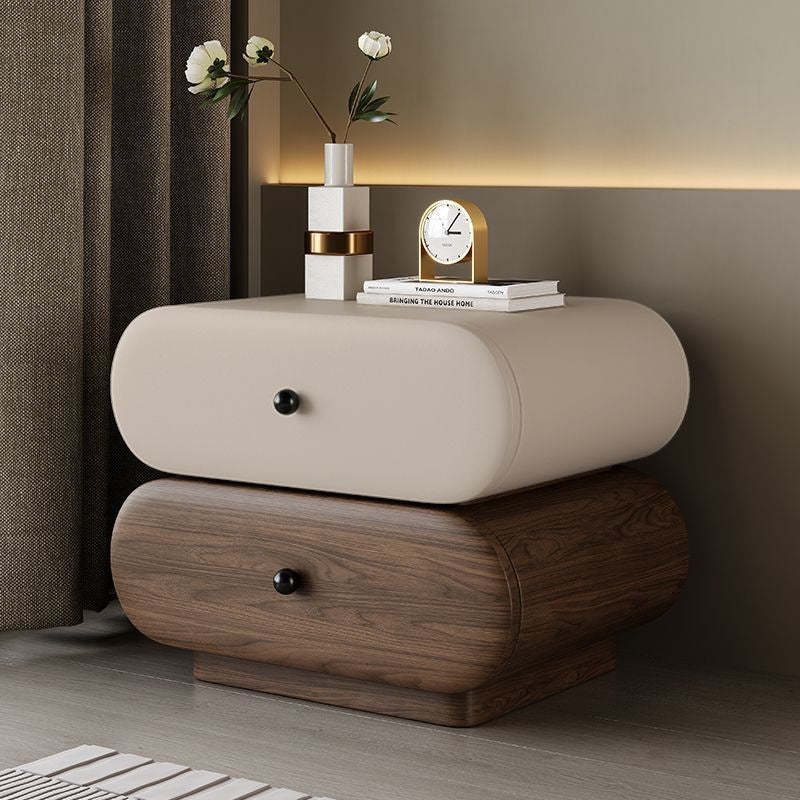 Contemporary Faux Leather 2-Drawer Oval Nightstand — Beige