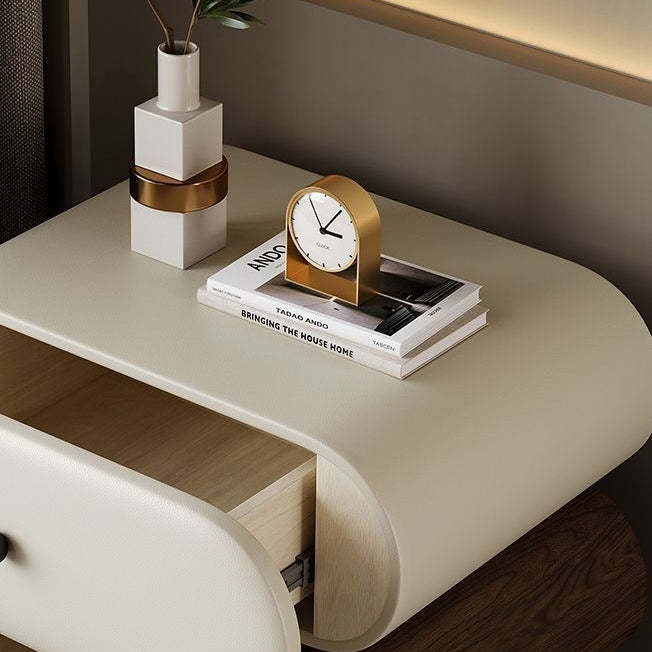 Contemporary Faux Leather 2-Drawer Oval Nightstand — Beige
