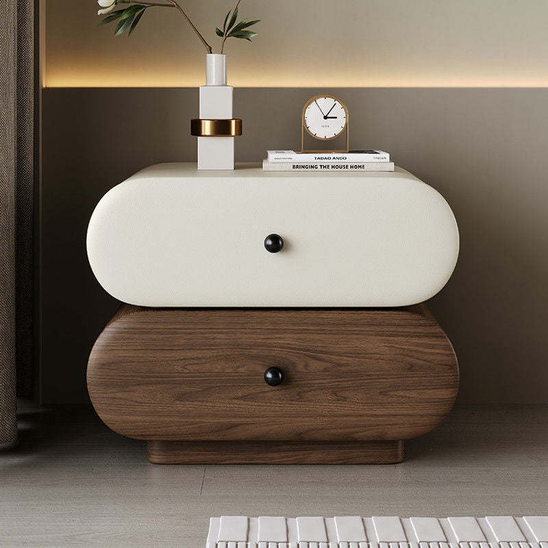 Contemporary Faux Leather 2-Drawer Oval Nightstand — Green + Walnut Color