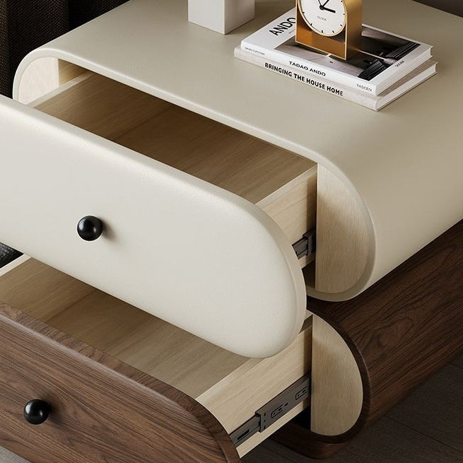 Contemporary Faux Leather 2-Drawer Oval Nightstand — Beige + Walnut Color