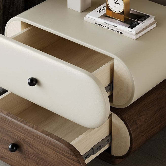 Contemporary Faux Leather 2-Drawer Oval Nightstand — Beige + Walnut Color