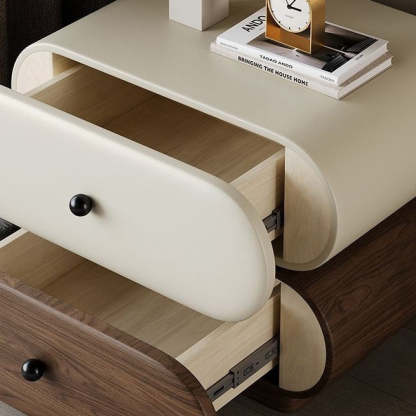 Contemporary Faux Leather 2-Drawer Oval Nightstand — Beige + Walnut Color