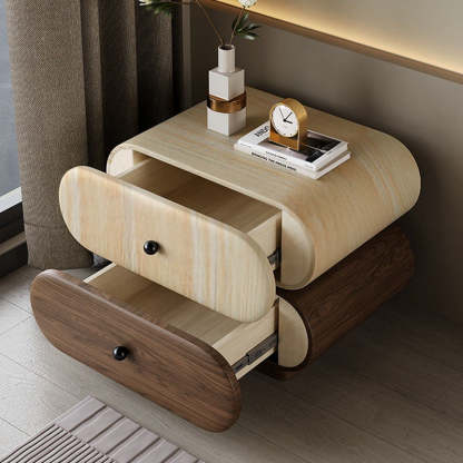 Contemporary Faux Leather 2-Drawer Oval Nightstand — Light Gray + Walnut Color