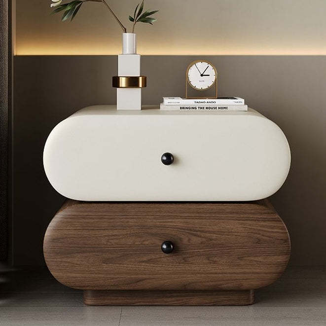 Contemporary Faux Leather 2-Drawer Oval Nightstand — Dark Gray + Walnut Color