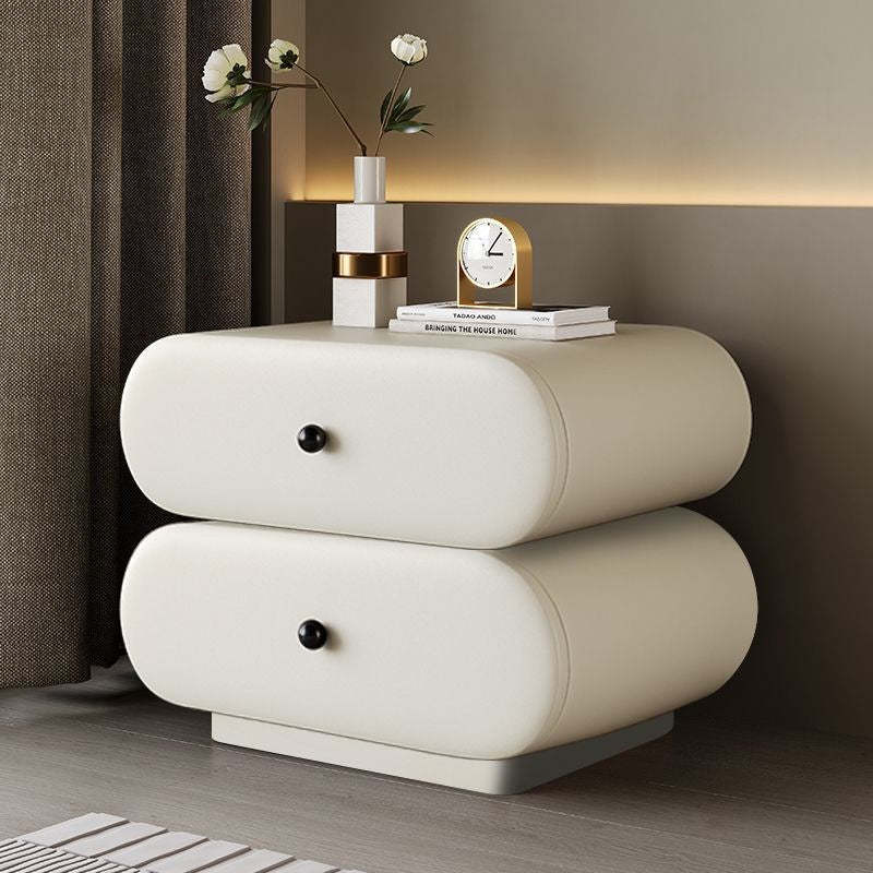 Contemporary Faux Leather 2-Drawer Oval Nightstand — Beige + Walnut Color