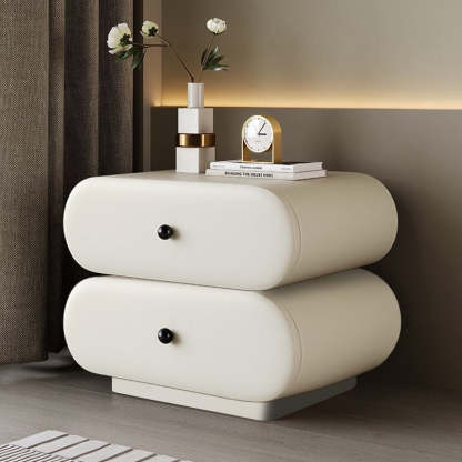 Contemporary Faux Leather 2-Drawer Oval Nightstand — Beige + Walnut Color