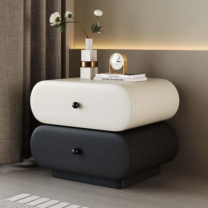 Contemporary Faux Leather 2-Drawer Oval Nightstand — Beige + Walnut Color