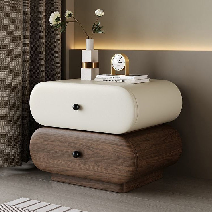 Contemporary Faux Leather 2-Drawer Oval Nightstand — Beige
