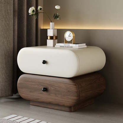 Contemporary Faux Leather 2-Drawer Oval Nightstand — Beige