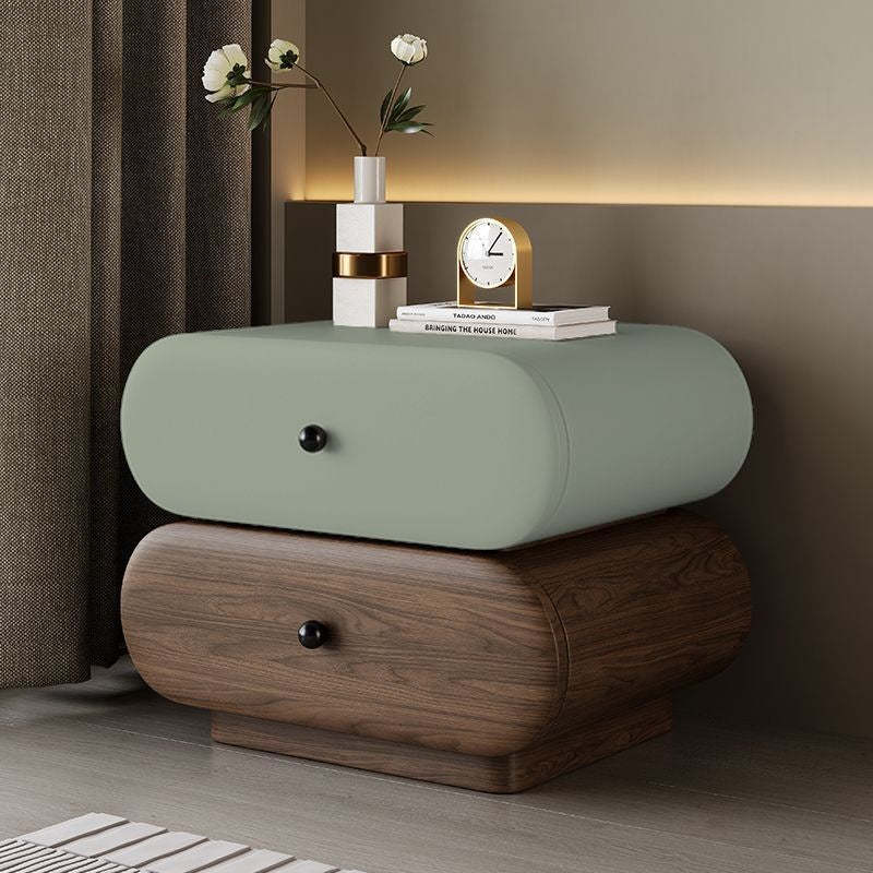 Contemporary Faux Leather 2-Drawer Oval Nightstand — Khaki + Walnut Color
