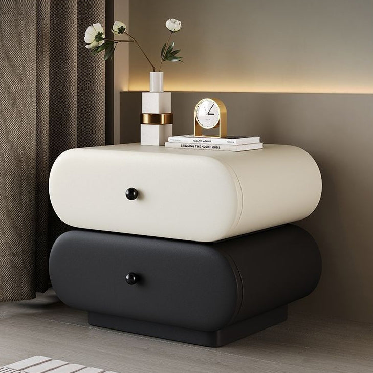 Contemporary Faux Leather 2-Drawer Oval Nightstand — Black + Beige