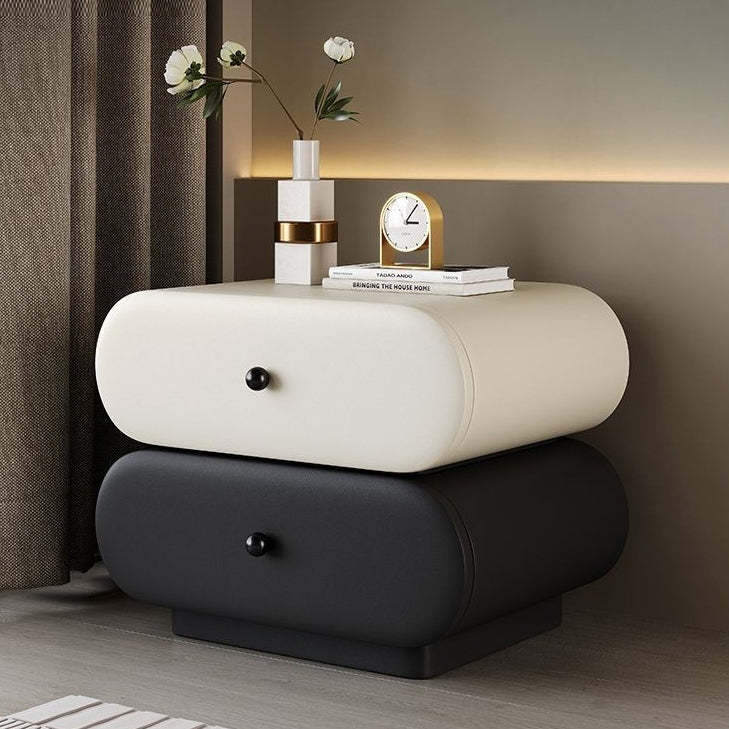 Contemporary Faux Leather 2-Drawer Oval Nightstand — Black + Beige