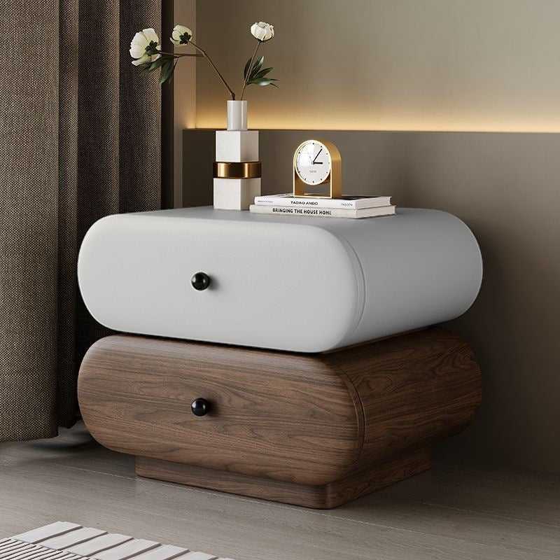 Contemporary Faux Leather 2-Drawer Oval Nightstand — Black + Beige