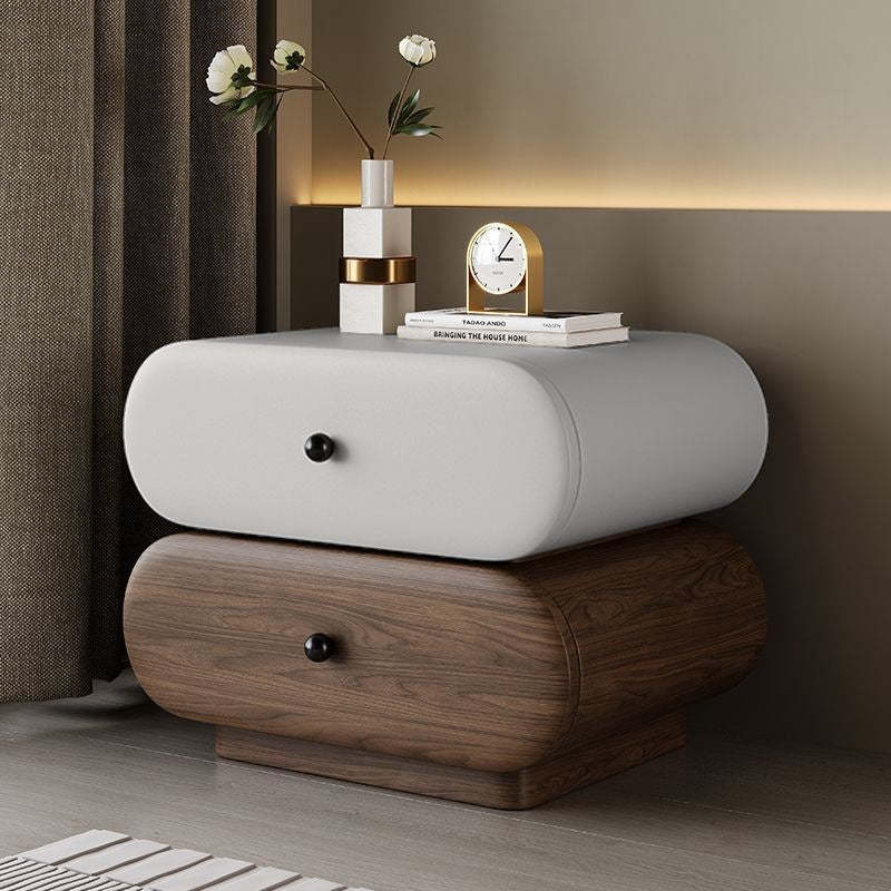 Contemporary Faux Leather 2-Drawer Oval Nightstand — Black + Beige