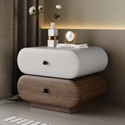 Contemporary Faux Leather 2-Drawer Oval Nightstand — Black + Beige