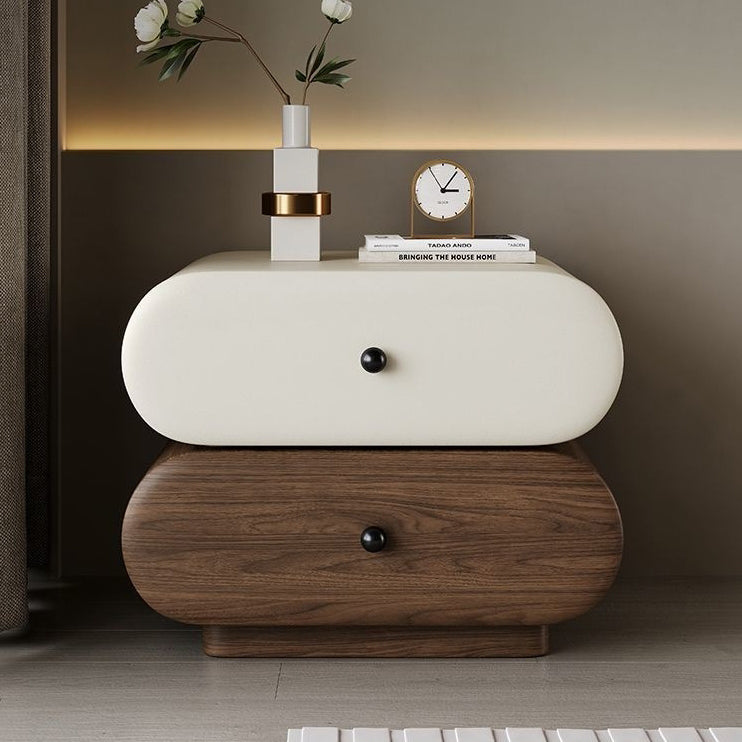 Contemporary Faux Leather 2-Drawer Oval Nightstand — Light Gray + Walnut Color