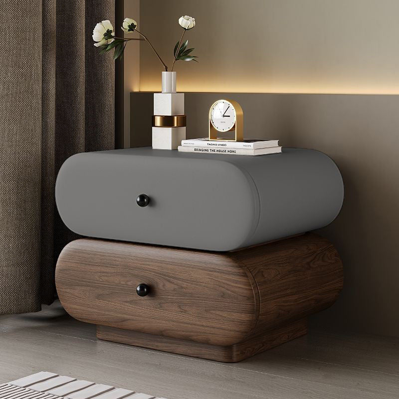 Contemporary Faux Leather 2-Drawer Oval Nightstand — Dark Gray + Walnut Color