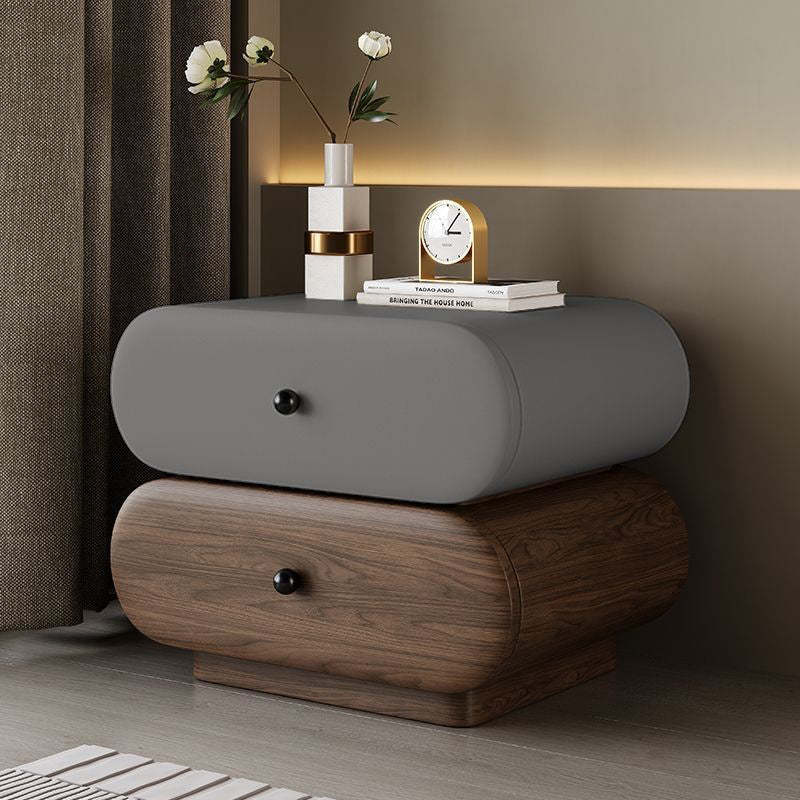 Contemporary Faux Leather 2-Drawer Oval Nightstand — Dark Gray + Walnut Color