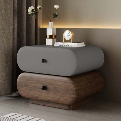 Contemporary Faux Leather 2-Drawer Oval Nightstand — Dark Gray + Walnut Color