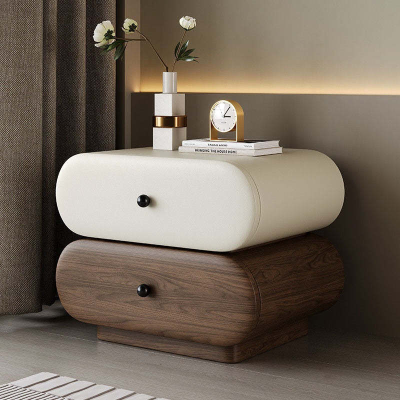 Contemporary Faux Leather 2-Drawer Oval Nightstand — Khaki + Walnut Color